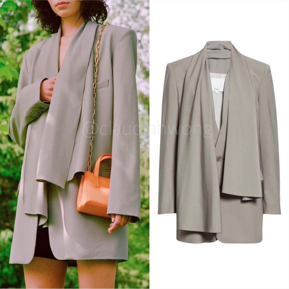 TIBI Tropical Wool Blazer Jacket w/ Detachable Scarf in Cement Grey